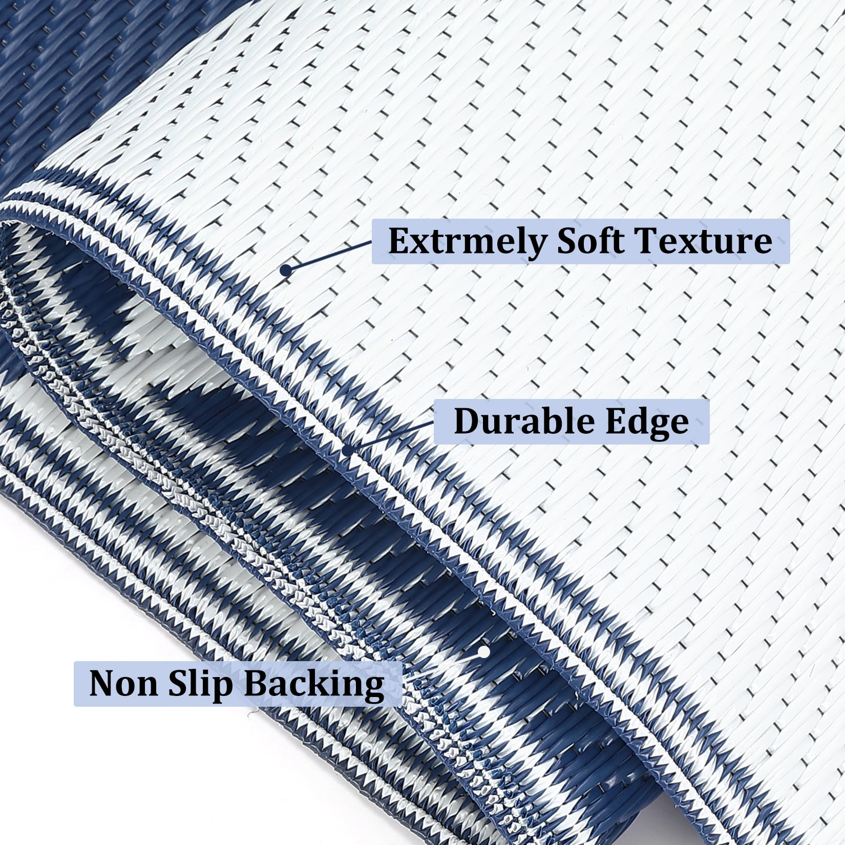 Senfot 8x10 Waterproof Portable Outdoor Rug, Modern Geometric Plastic Carpet for Patio Camping Deck Backyard Porch Decor with Storage Bag Blue and White