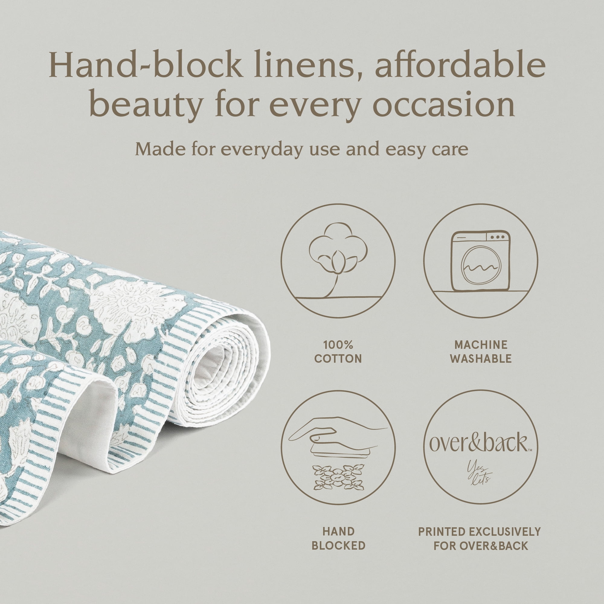over&back 18x90 Hand-Blocked Printed Cotton Table Runner - Washable Table Runners for a Custom Home Decor Tablescape - Perfect for Coffee Table, Dinner Table, Living Room, and More - Blue Floral