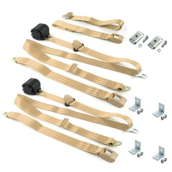 Standard 3 Point Tan Retractable Bench Seat Belt Kit with Bracketry for Triumph Spitfire 1962-1980 - 3 Belts