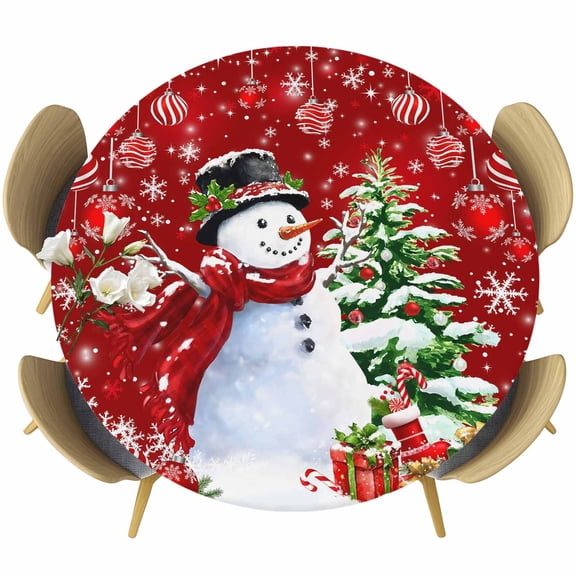 Red Christmas Table Cloth, Round Fitted Tablecloths with Elastic Edge, Snowman Xmas Tree Ball Gifts Winter Wipeable Waterproof Table Cover for Kitchen Wedding 45-54 Inches