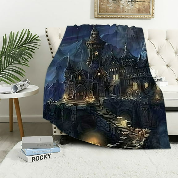 Autua Fantasy Castle Full Moon Warm Lightweight Blanket Soft Fleece Blankets All Seasons Decor for Living Rooms Sofa Cow Gifts Blanket 40x50in