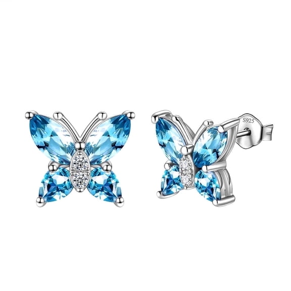 Juwaliy March Birthstone Earrings Blue Butterfly Earring Stud Aquamarine 925 Sterling Silver Women Jewelry Wife Valentines Christmas Mother's Day Gift