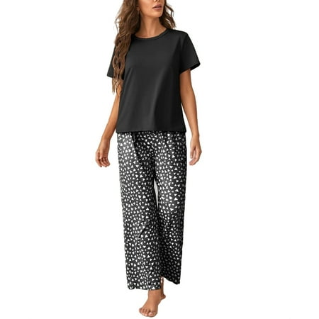 

Women s Pajama Sets Black Casual Heart Round Neck Pant Sets Short Sleeve