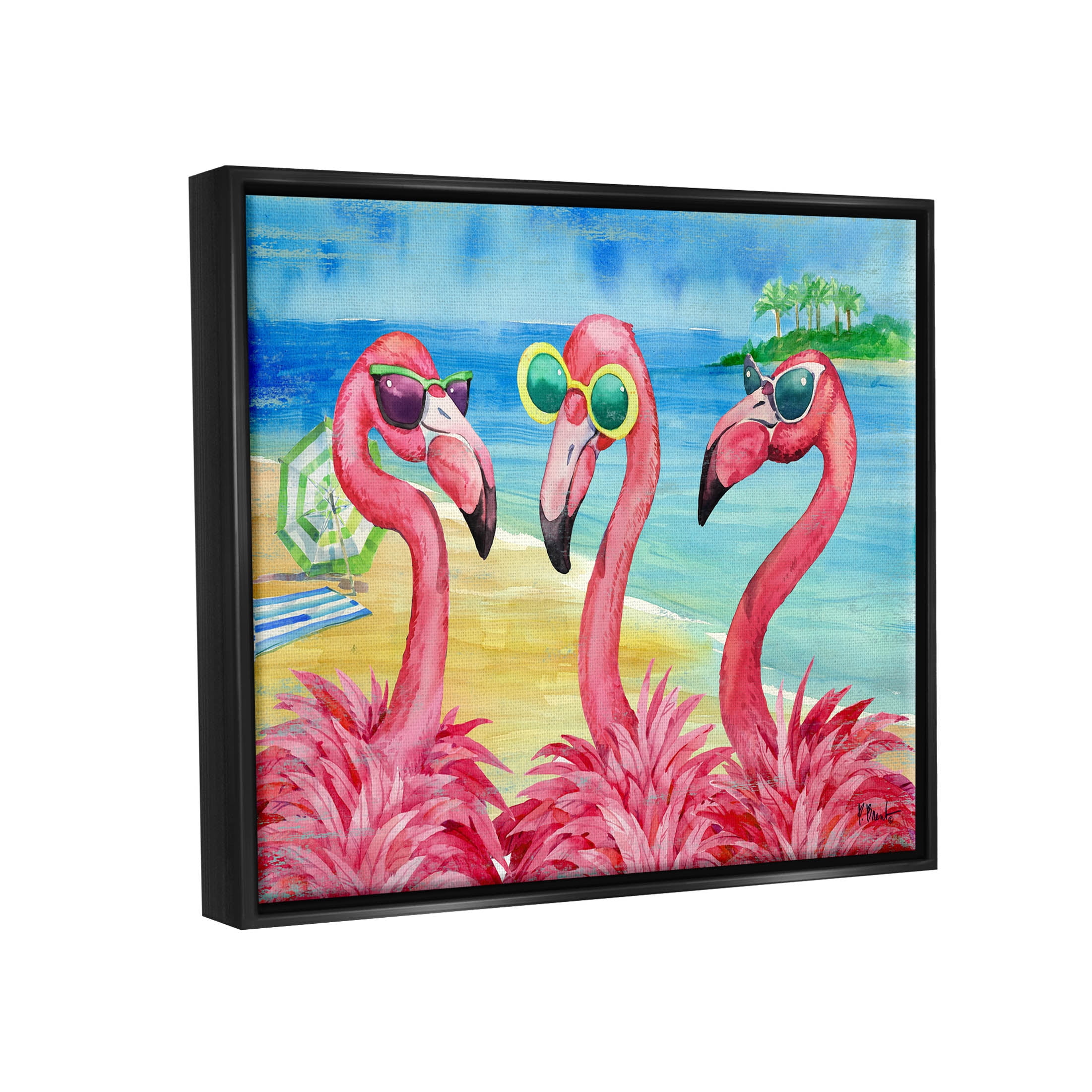 Stupell Industries Flamingo Girlfriends Tropical Coast Graphic Art Jet Black Floating Framed Canvas Print Wall Art, Design by Paul Brent