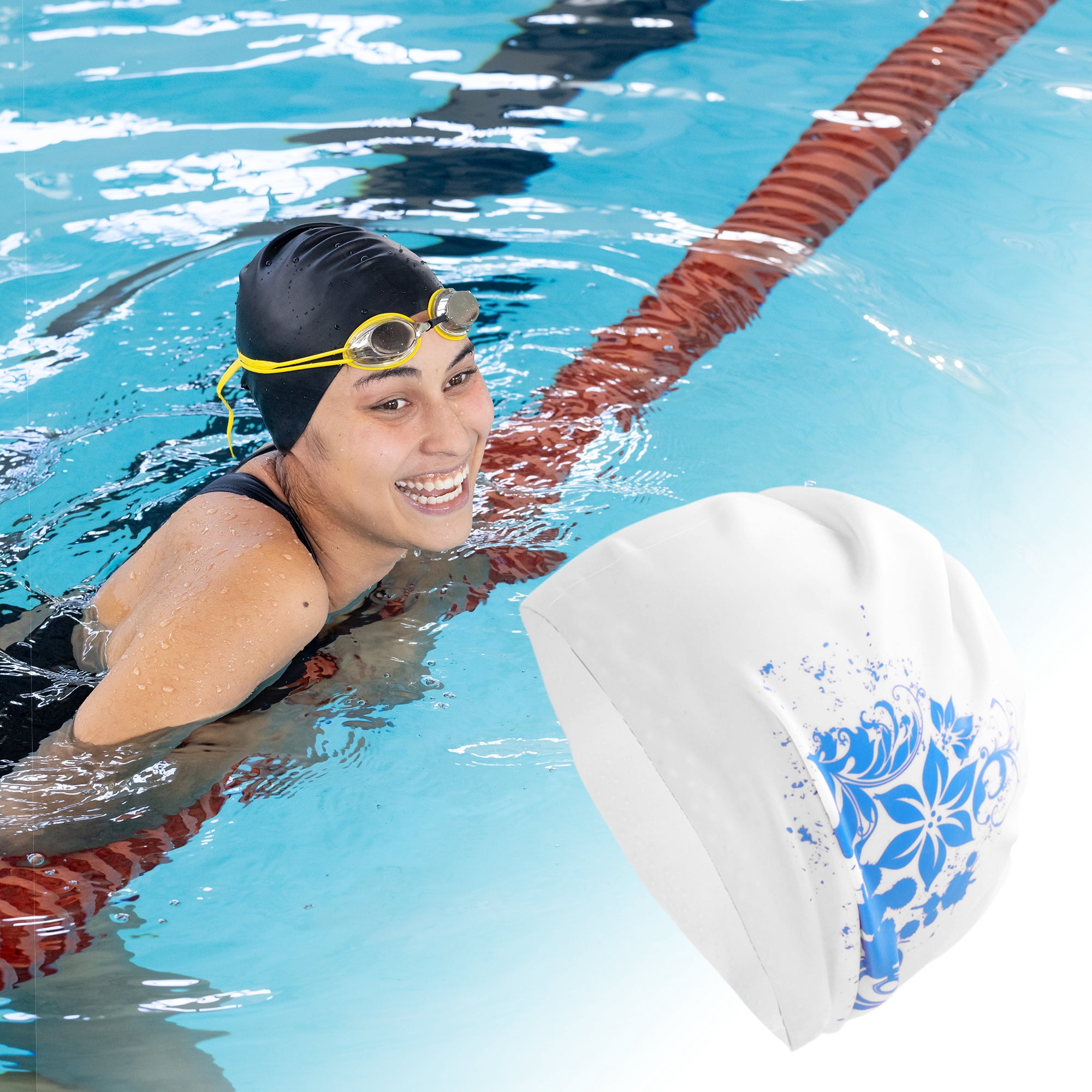 Unique Bargains Floral Pattern Swim Cap 1Pc White