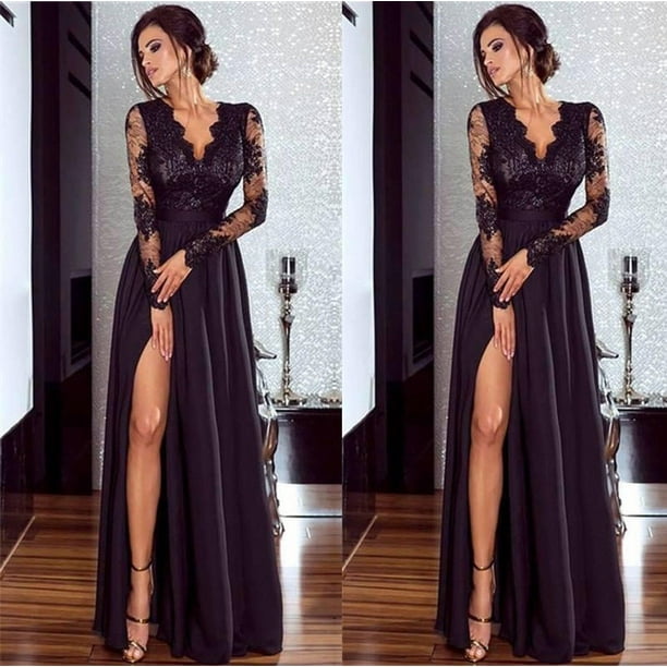 Black Silk Maxi Dress With Long Sleeves and Side Slit, Black Silk Dress for  Special Occasions, Occasion Silk Long Dress 