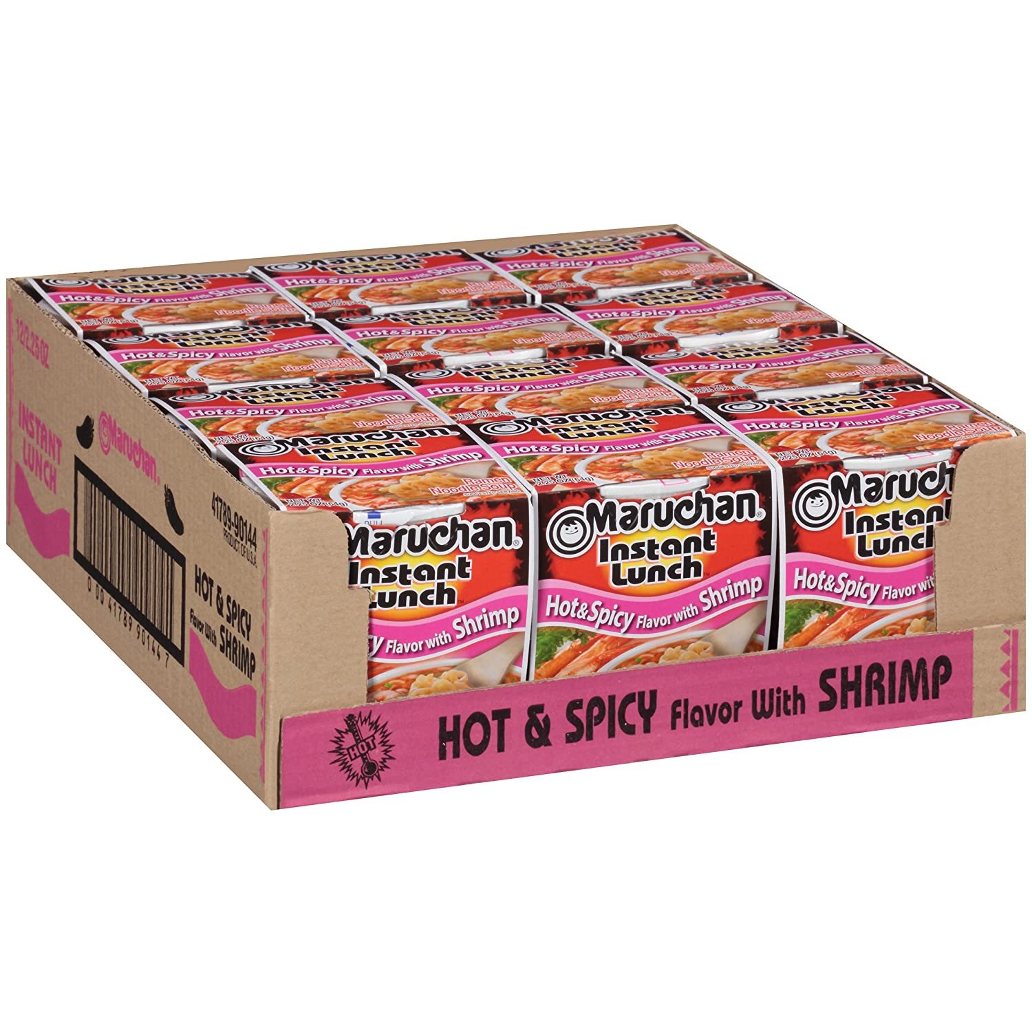 Maruchan Hot and Spicy Shrimp Instant Ramen Noodles, 2.25 oz cup, 12 pack