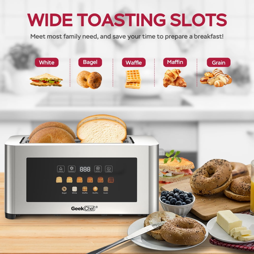 4-Slice Toaster with Extra-Wide Entrance - Stainless Steel Surface, LED Display Touch Panel, Automatic Shut-Off & Anti-Jam, Easy Clean & Cord Storage for Family