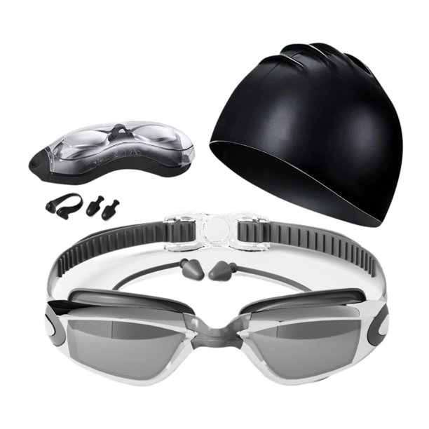 Juego de 5 gafas y gorro de natación con pinza nasal y tapones para los oídos. Gafas de natación profesionales para piscina, buceo deportes acuáticos. Gris