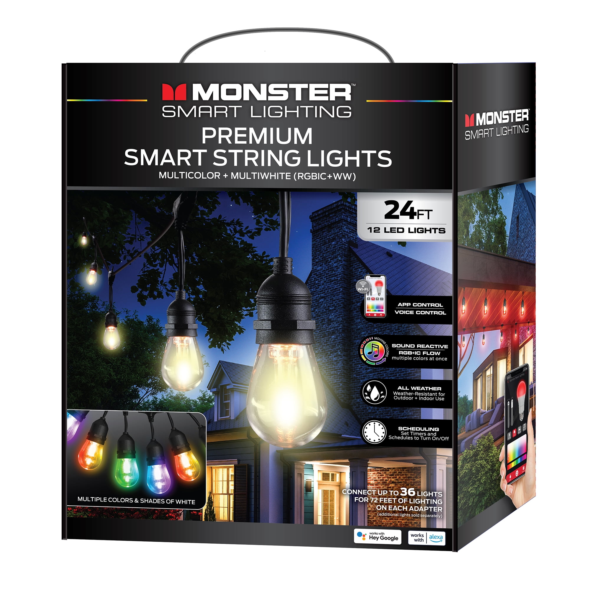 Monster Smart String Lights, Sound Reactive Outdoor String Lights w/ Voice Control, for Christmas, Halloween, Party, Gameday and More, 24ft (12 Lights)