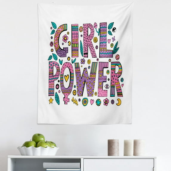 Feminist Tapestry, Hippie Boho Girl Power Lettering with Foliage in Shades of Pink and Purple Colors, Fabric Wall Hanging Decor for Bedroom Living Room Dorm, 5 Sizes, Multicolor, by Ambesonne