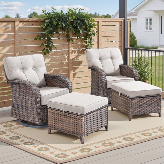 Gymojoy 4-Piece Outdoor Wicker Swivel Glider Chair Set, Patio Rocking Lounge Chair Set with Matching Ottomans, Patio Bistro Set with 5 in. Thick Olefin Cushion for Porch