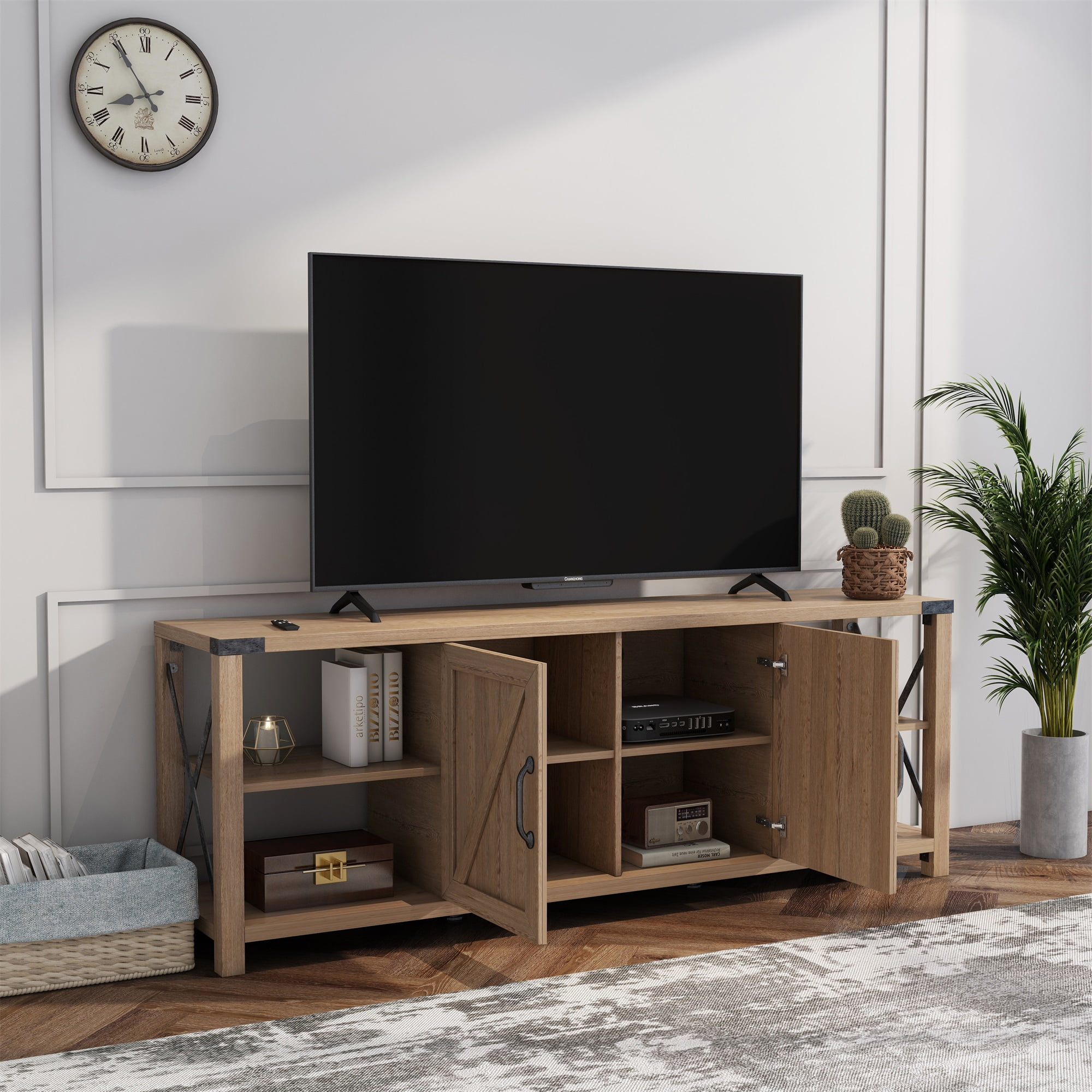 Kadyn TV Stand, Modern Entertainment Center for TVs up to 76", TV Console with Storage Cabinets and Shelves, Light Oak