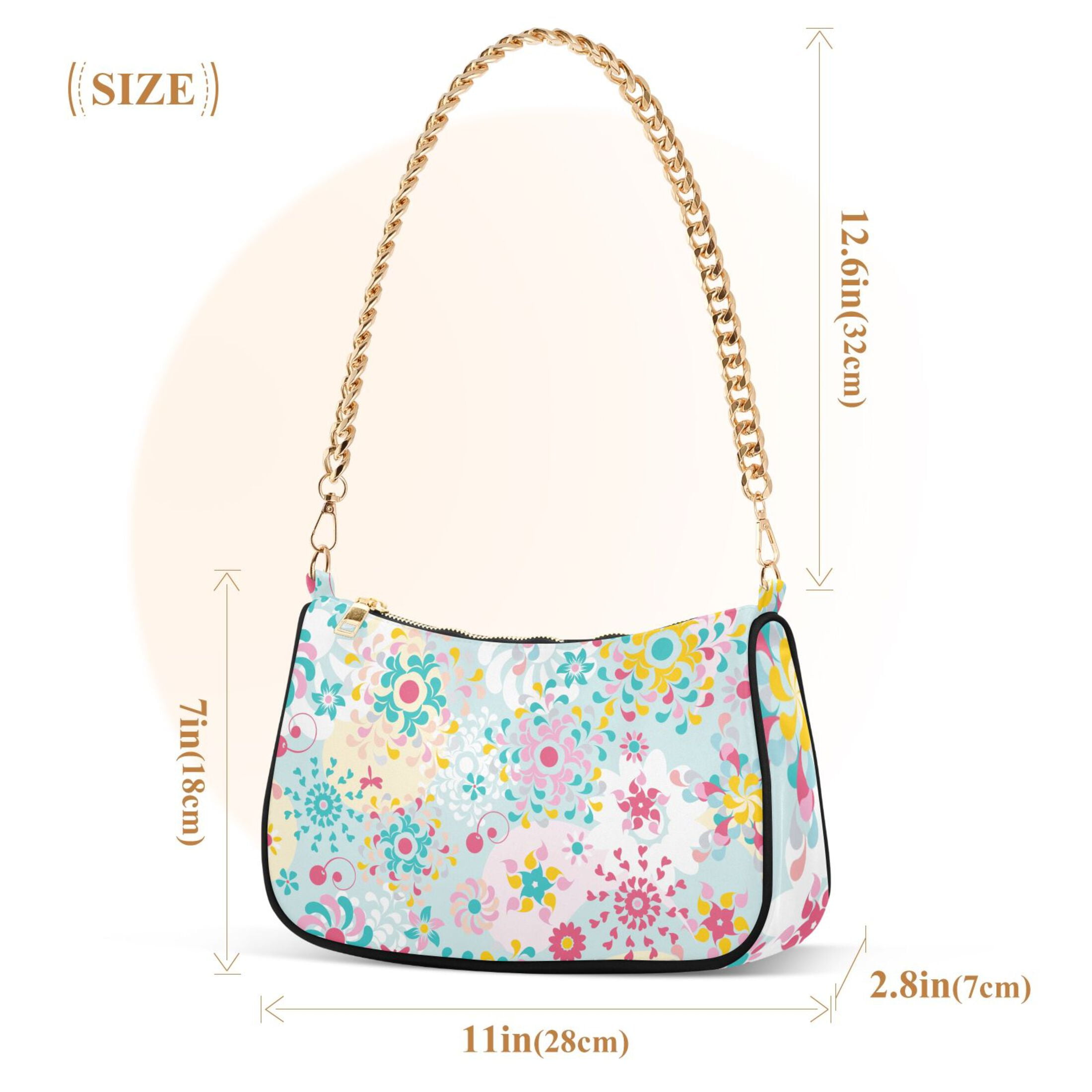Colorful Floral Flowers Pink and Blue Womens Chain Shoulder Bag Tote Handbag Clutch Hobo Purse with Zipper for Travel Casual