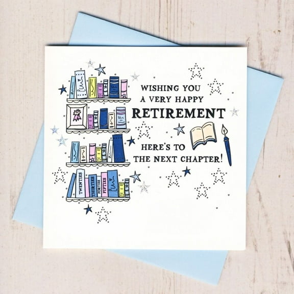 Retirement Card – “Wishing You a Very Happy Retirement” with Book Shelf Design – Blank Inside, Envelope Included – Perfect for Celebrating New Beginnings