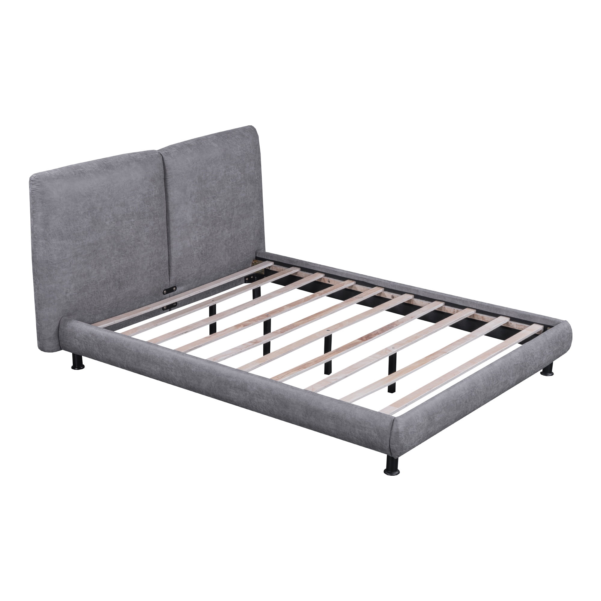PORKISS Queen Size Platform Bed, Polyester Upholstered Platform Bed with Two Large Headrests, Modern Platform Bed with Thick Fabric, Classical Queen Bed for Bedroom, No Box Spring Needed, Gray