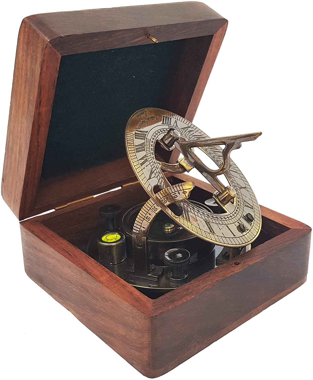 Reproduction Brass Pocket Sundial Navigation Nautical Marine Wooden Box 4" 