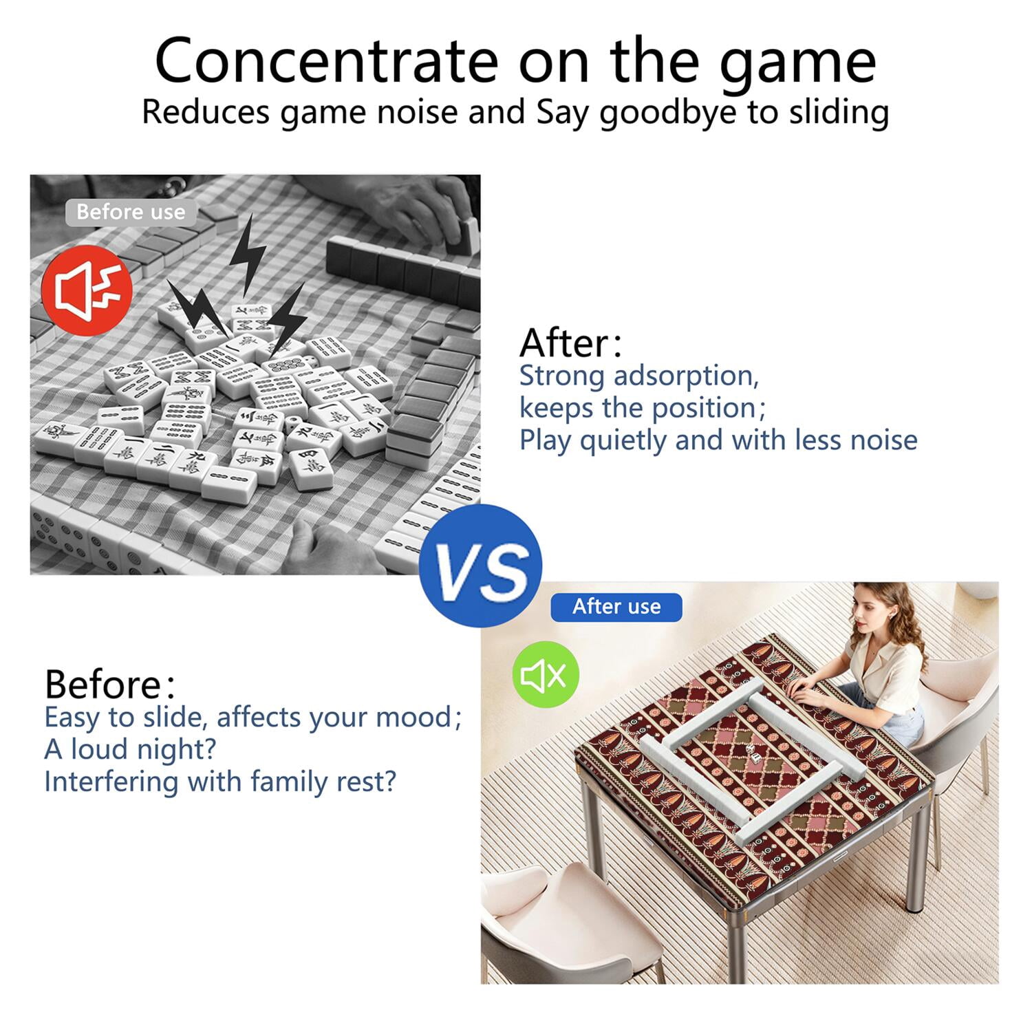 Extra Large Boho Pattern Anti-Slip Playing Surface 31.5 Inch Square Rubber Mahjong Mat with Noise Reduction for Chinese Tiles and Family Game Nights