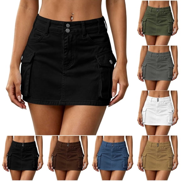 Tqcoqu Women’s High Waist Double Button Cargo Mini Skirt, Solid Color A Line Denim Skirt with Flap Pockets,Women's,Size S-XL