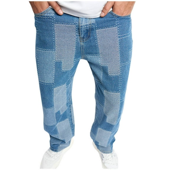 Jacenvly Mens Jogger Pants Camo High Waisted Long Sweatpants Men'S Casual Straight Leg Pocket Zipper and Button Patchwork Jean Pants Blue Trousers for Men