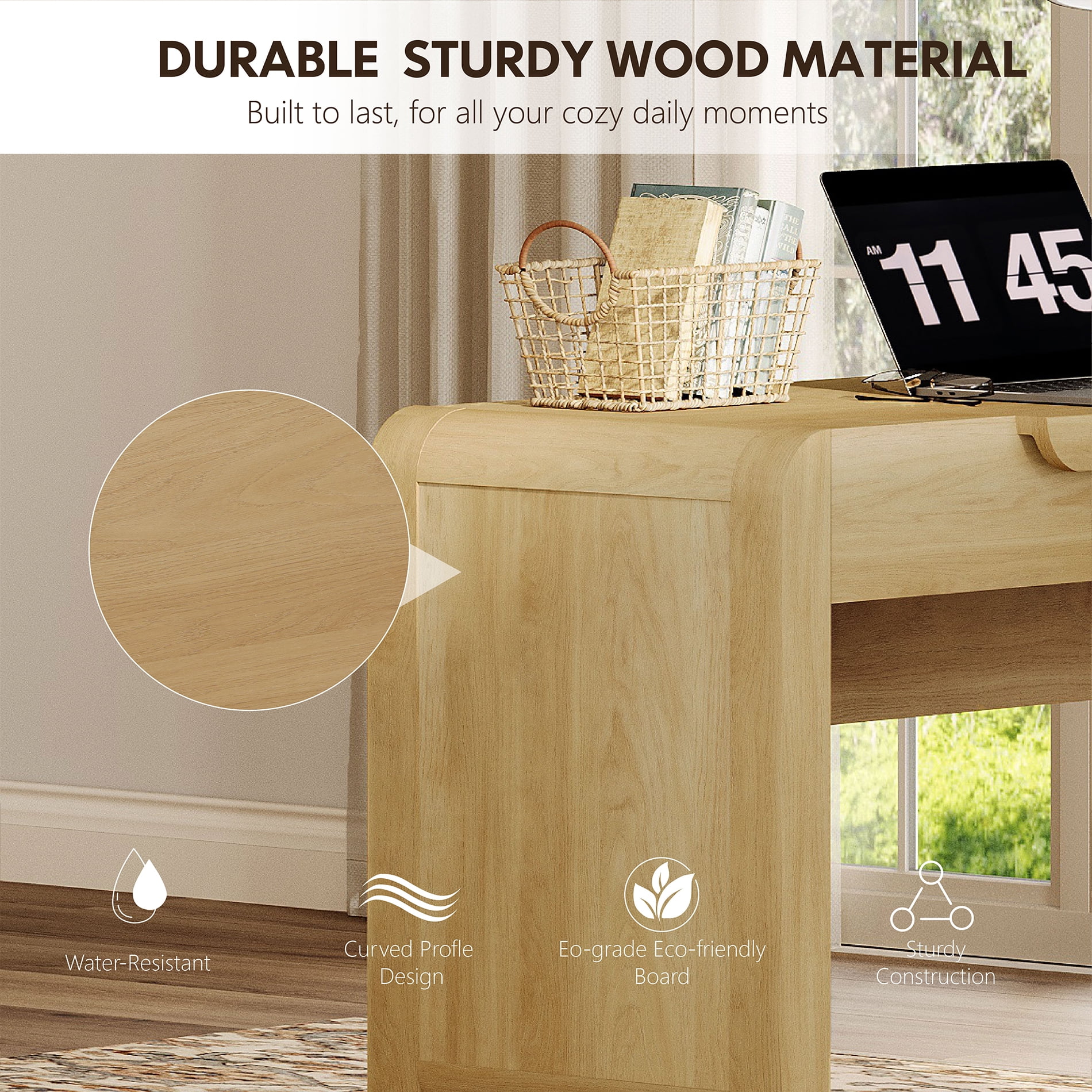 47.2”W Mid-century Modern Curved Waterfall Writing Desk With 2 Drawers，Wood Computer Desk With Charging Station, Standing Desk For Home Office