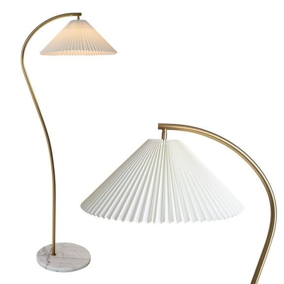 Athena 60" Japandi-Inspired LED Gold Floor Lamp with White Pleated Shade and Real Marble Base