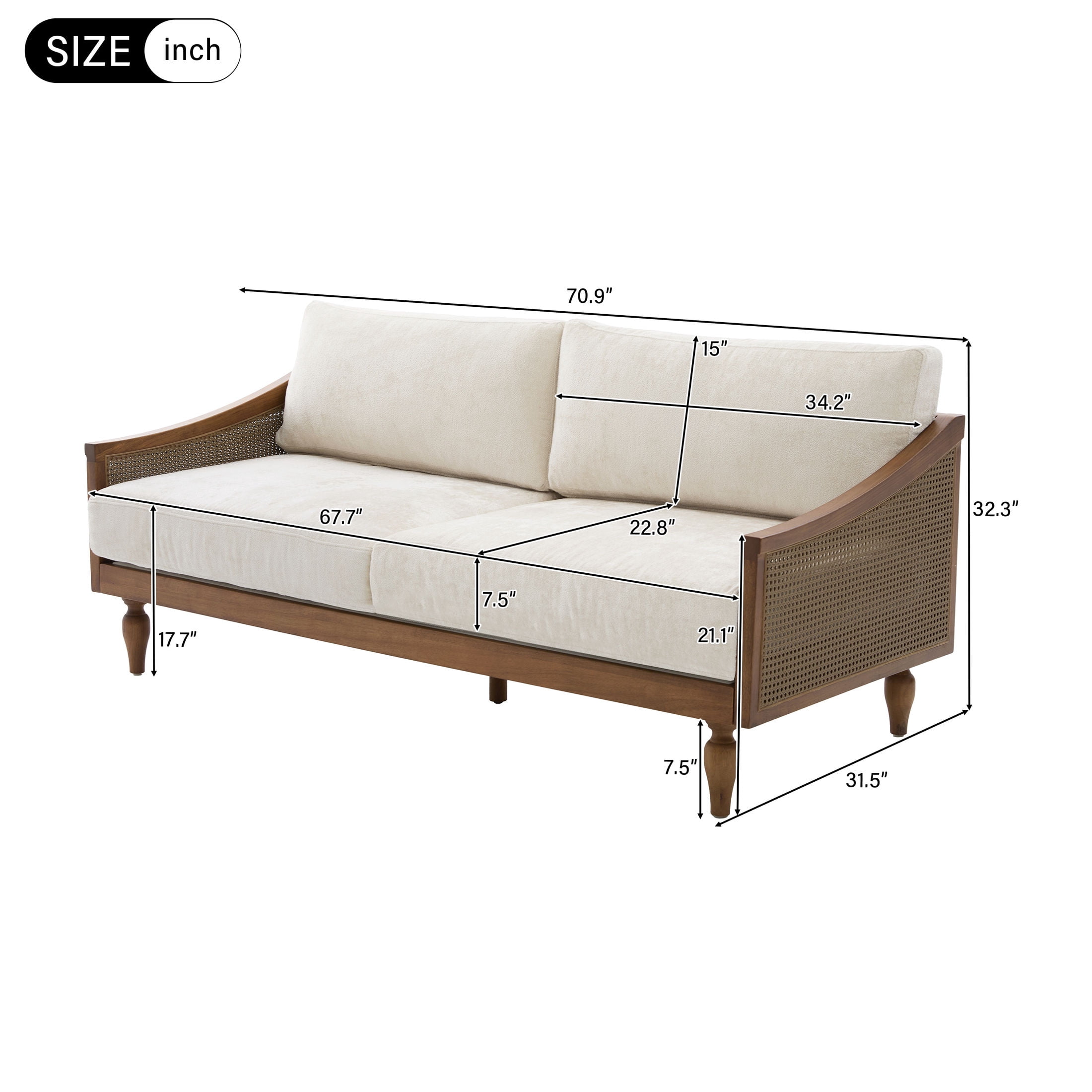 Christopher Knight Home Mid-Century 70.9" 3-Seater Sofa with Rattan Armrests, Wooden Frame, Walnut