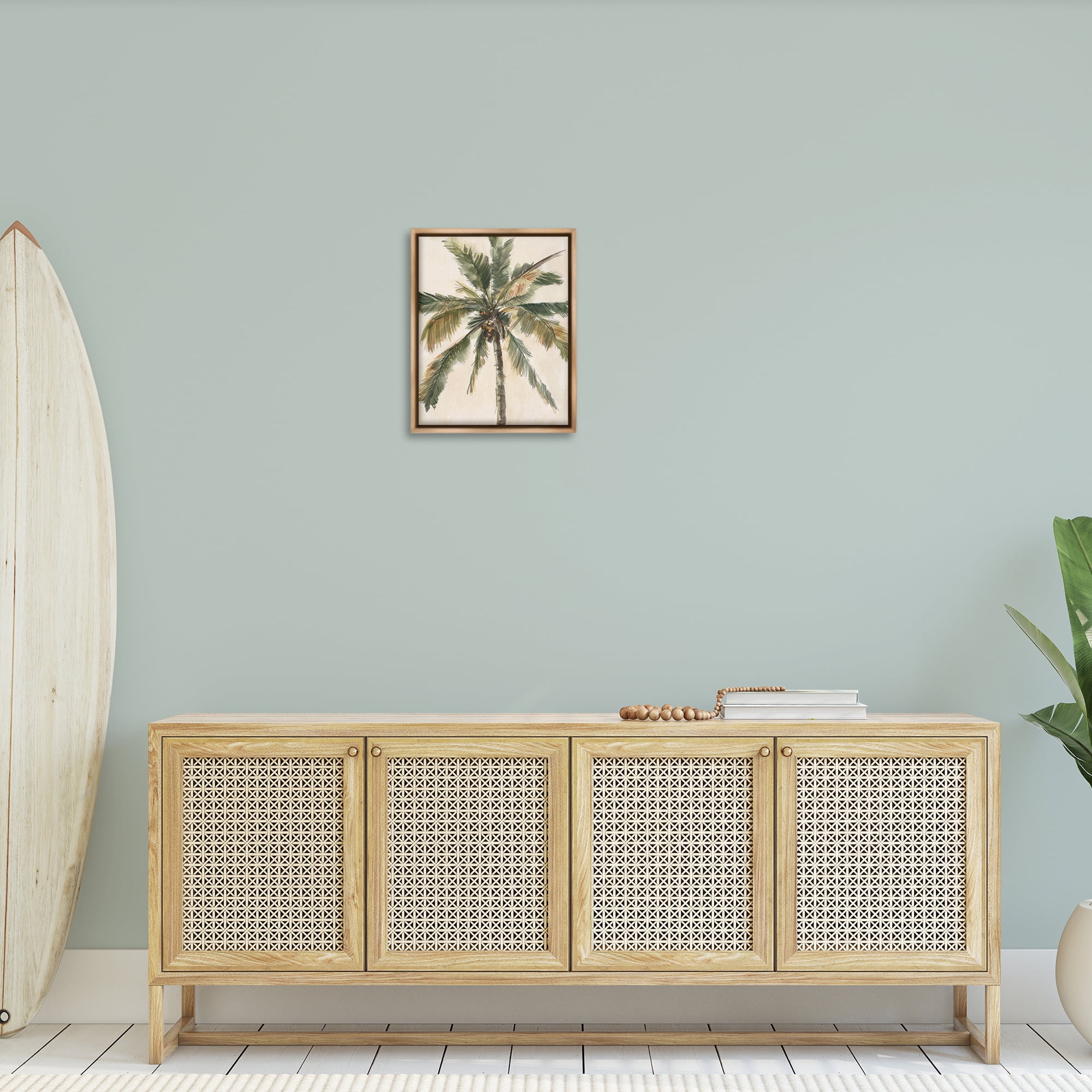 Stupell Industries Palm Tree on Beige Plants & Flowers Painting Brown Floater Framed Canvas Art Print Wall Art, 17 x 21