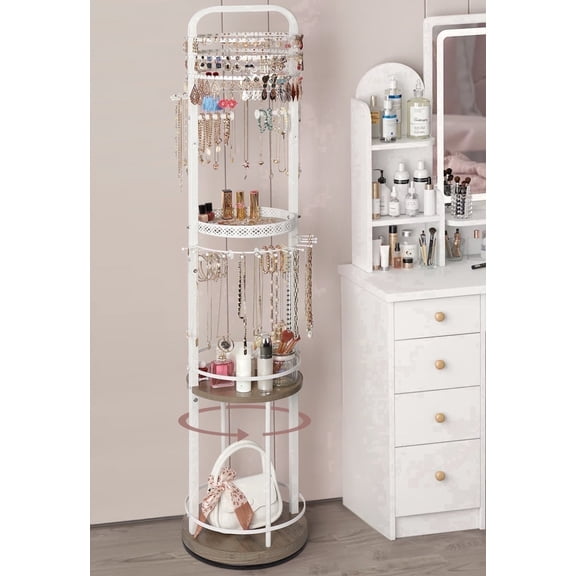 Olakee Rotating Large-Capacity Jewelry Organizer Stand for Earring, Necklace, Bracelet, Ring, Durable Metal & Wood, Girls & Women, Modern, Brown & White