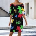 thumbnail image 2 of Autism Theme PUZZLE Heart Pattern Women's Off The Shoulder Ruffles Summer Wedding Guest Loose Casual Party Beach Dress, 2 of 9
