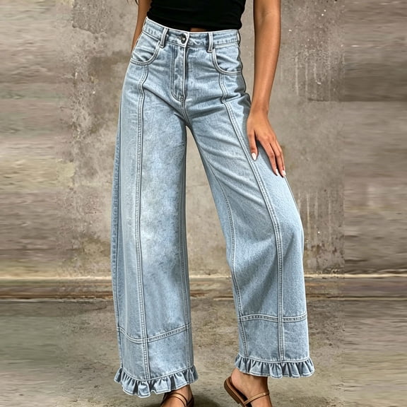 Cagogo Women Plus Size High Waisted Wide Leg Jeans with Pockets Frayed Hem Casual Flowy Long Boho Pants for Party Beach Work Trousers, Light Blue M