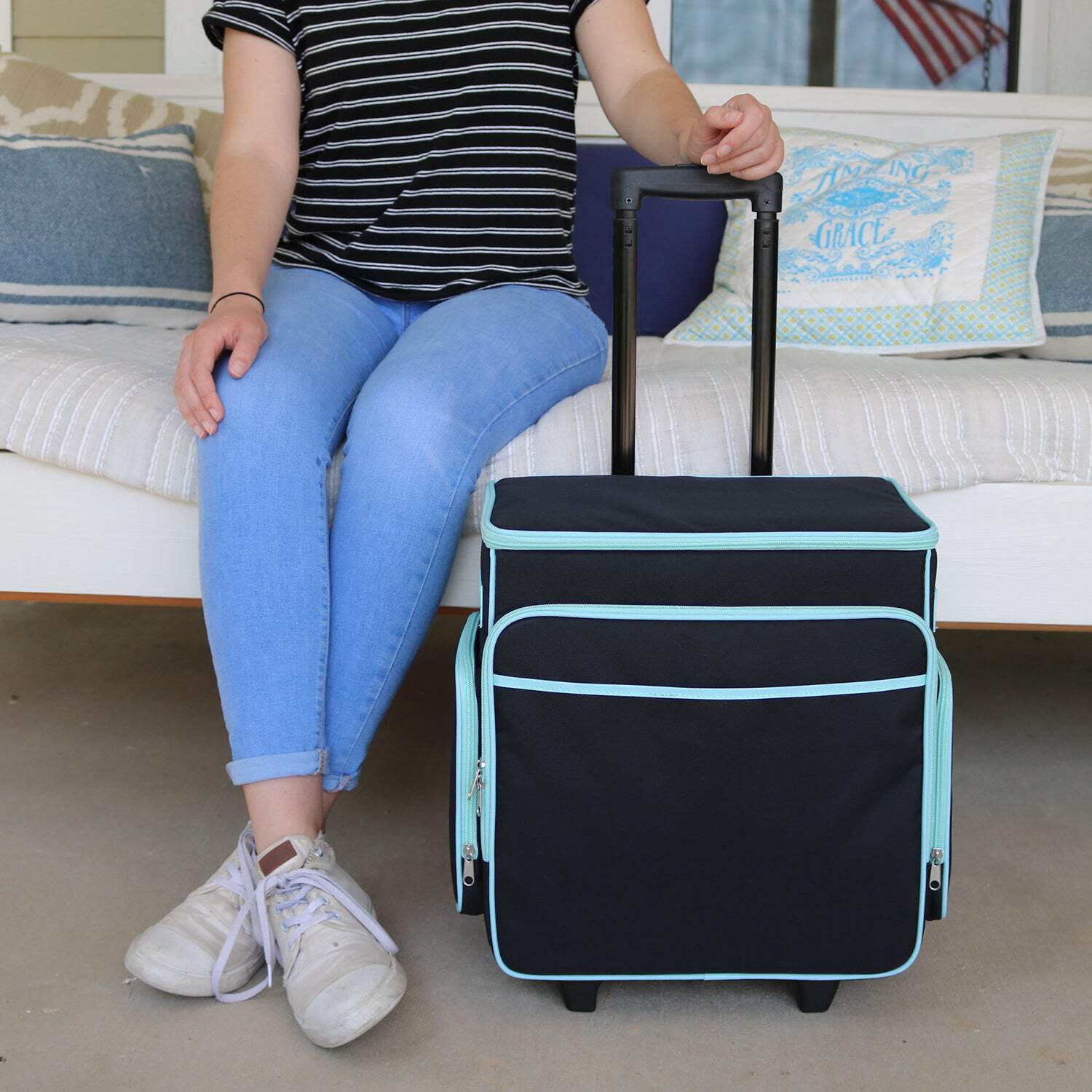 Everything Mary Rolling Scrapbook Case – Black  Teal Craft Organizer with Telescoping Handle  Wheels – Portable Storage for Scrapbooking, Sewing, Art  DIY Supplies