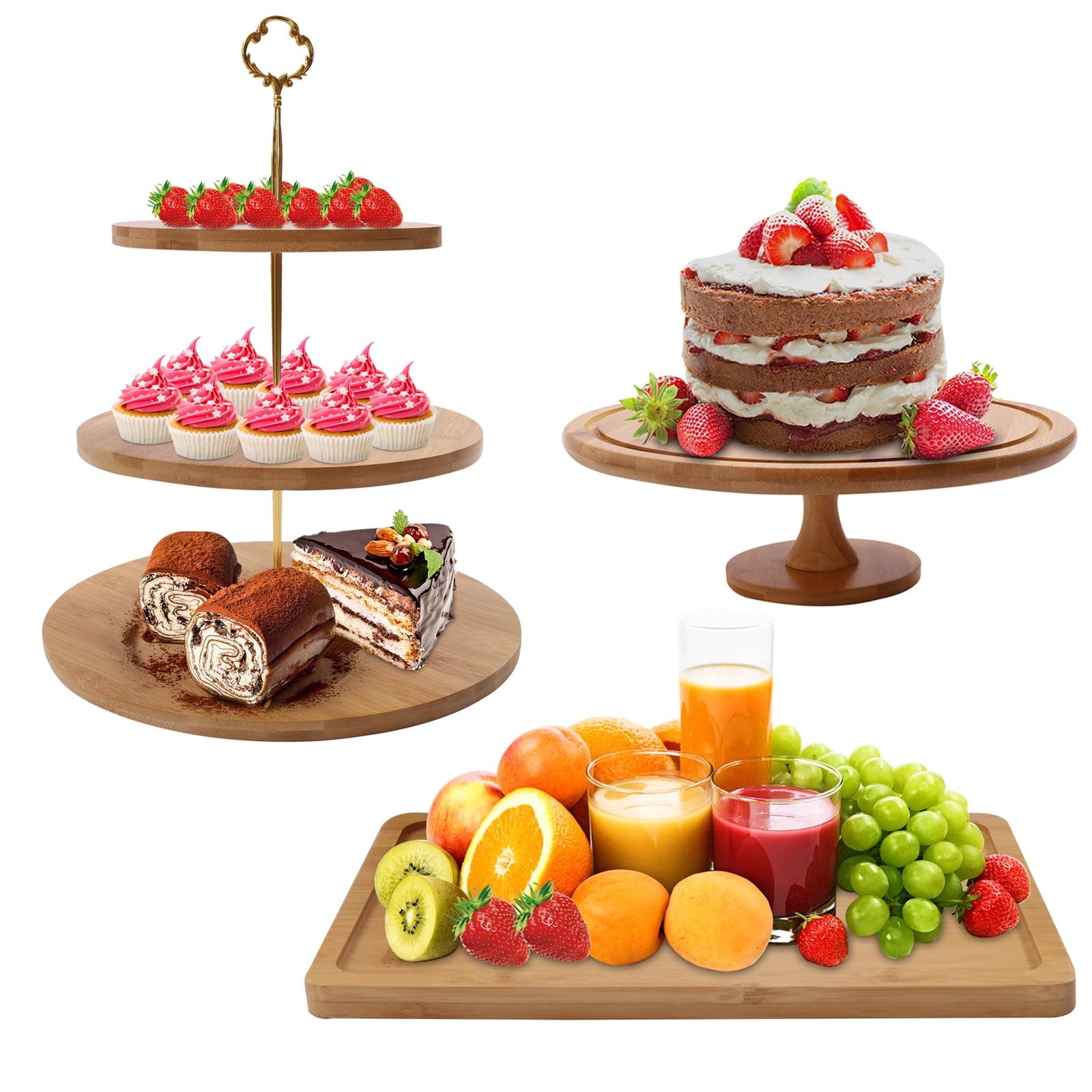 3PCS Wood Cupcake Stand 3Tier Vintage Brown Dessert Cake Display for