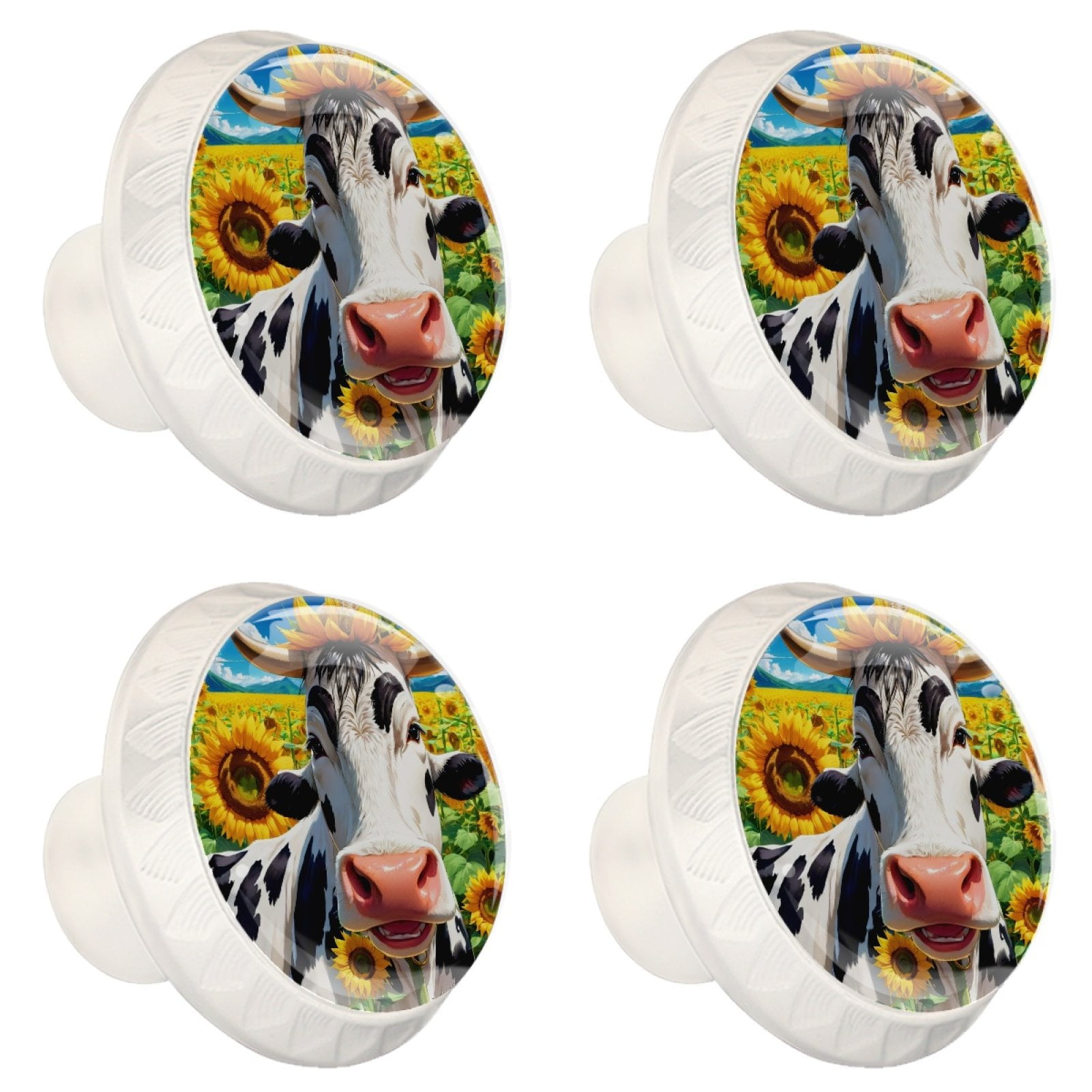 4 Pcs Cow and Sunflower Knobs for Kitchen Cabinet Cupboard Dresser Bookcase Drawer Pulls Handles Round Home Decor
