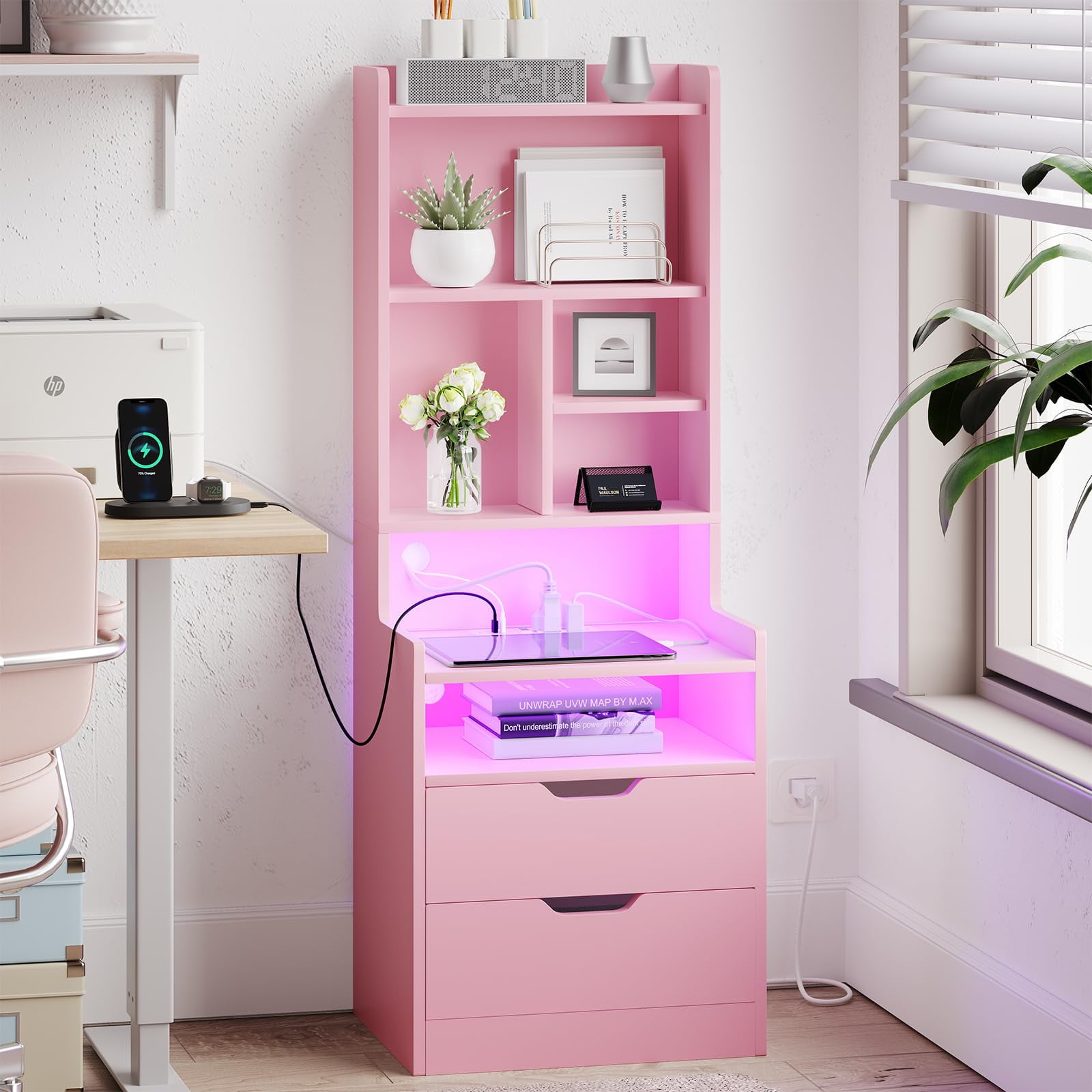 Tall Nightstand with Charging Station and LED Lights,Nightstand with Bookshelf,Bedside Table with Drawers & Power Outlets,End Side Table,Pink