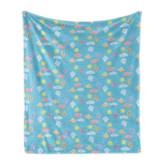 Kites Soft Flannel Fleece Throw Blanket, Pastel Colored Nursery Cartoon with Smiling Sun Clouds and Kites Seasonal Activity, Cozy Plush for Indoor and Outdoor Use, 50" x 60", Multicolor, by Ambesonne