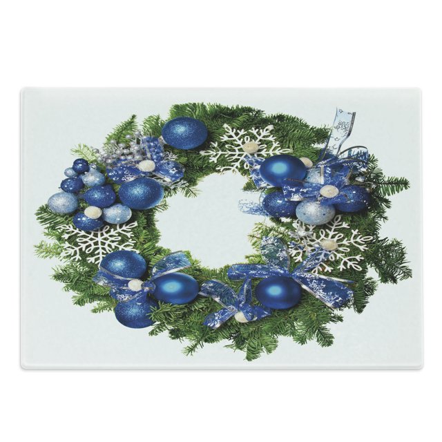 Christmas Cutting Board, Image of a Wreath with Bauble and Ornamental Snowflakes Bows Noel Yuletide Theme, Decorative Tempered Glass Cutting and Serving Board, Large Size, Green Blue, by Ambesonne