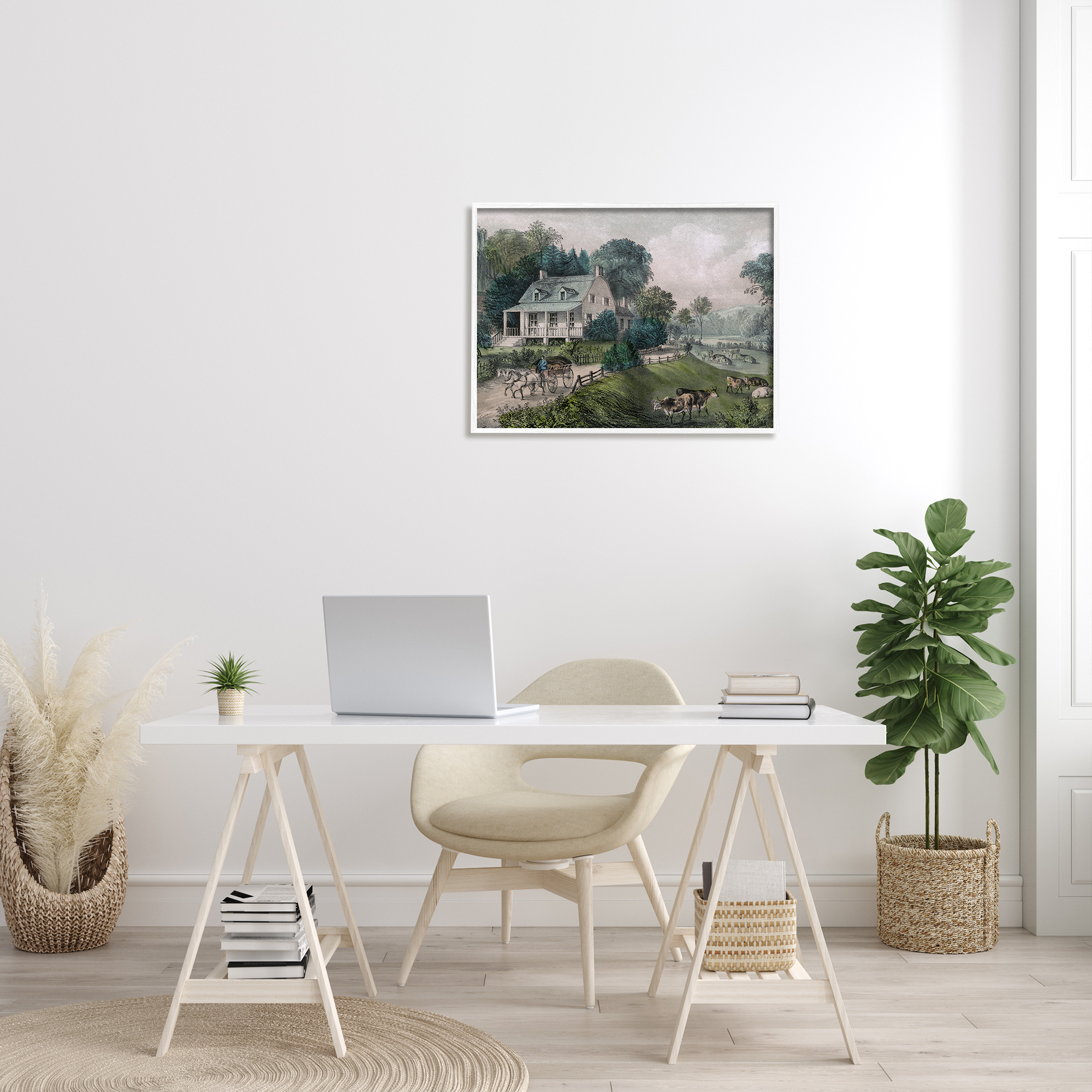 Stupell Industries Classic Countryside House Painting Roaming Farm Animals Painting White Framed Art Print Wall Art, Design by Daphne Polselli