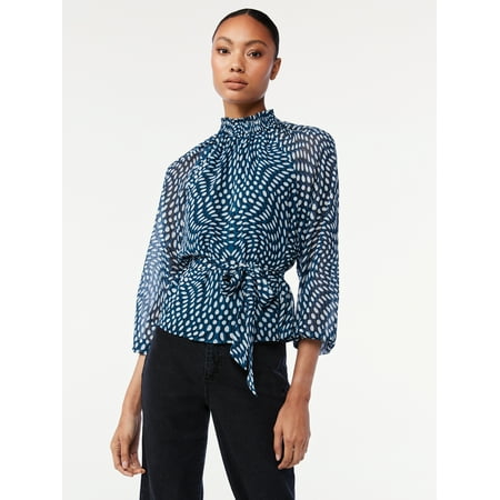 Scoop Women's Smocked Neck Tie Waist Blouse