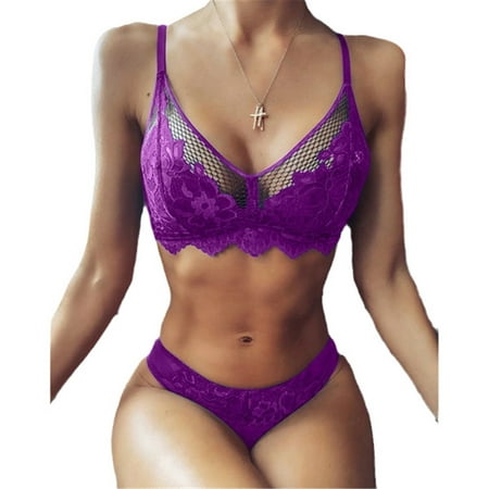 

PiePieBuy Women Lace Hollow Out Mesh Two Piece Solid Color Lingerie Sets