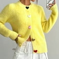 thumbnail image 6 of hoksml Women's Yellow Heart Button Cardigan Solid Color Round Neck Long Sleeve Knit Sweater Warm Fall Winter Button Up Cover Up, 6 of 9