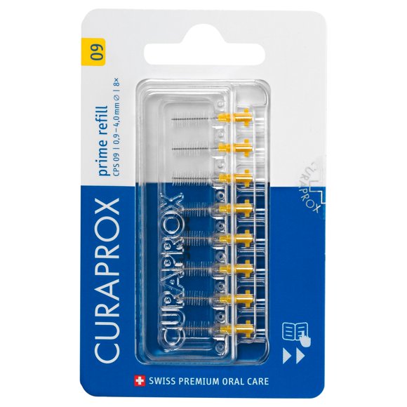 Curaprox Prime CPS 09 Yellow - 8 Refill Pack Interdental Brush - Flosser Cleaning Brush for All Ages - Dental Floss and Flosser Type