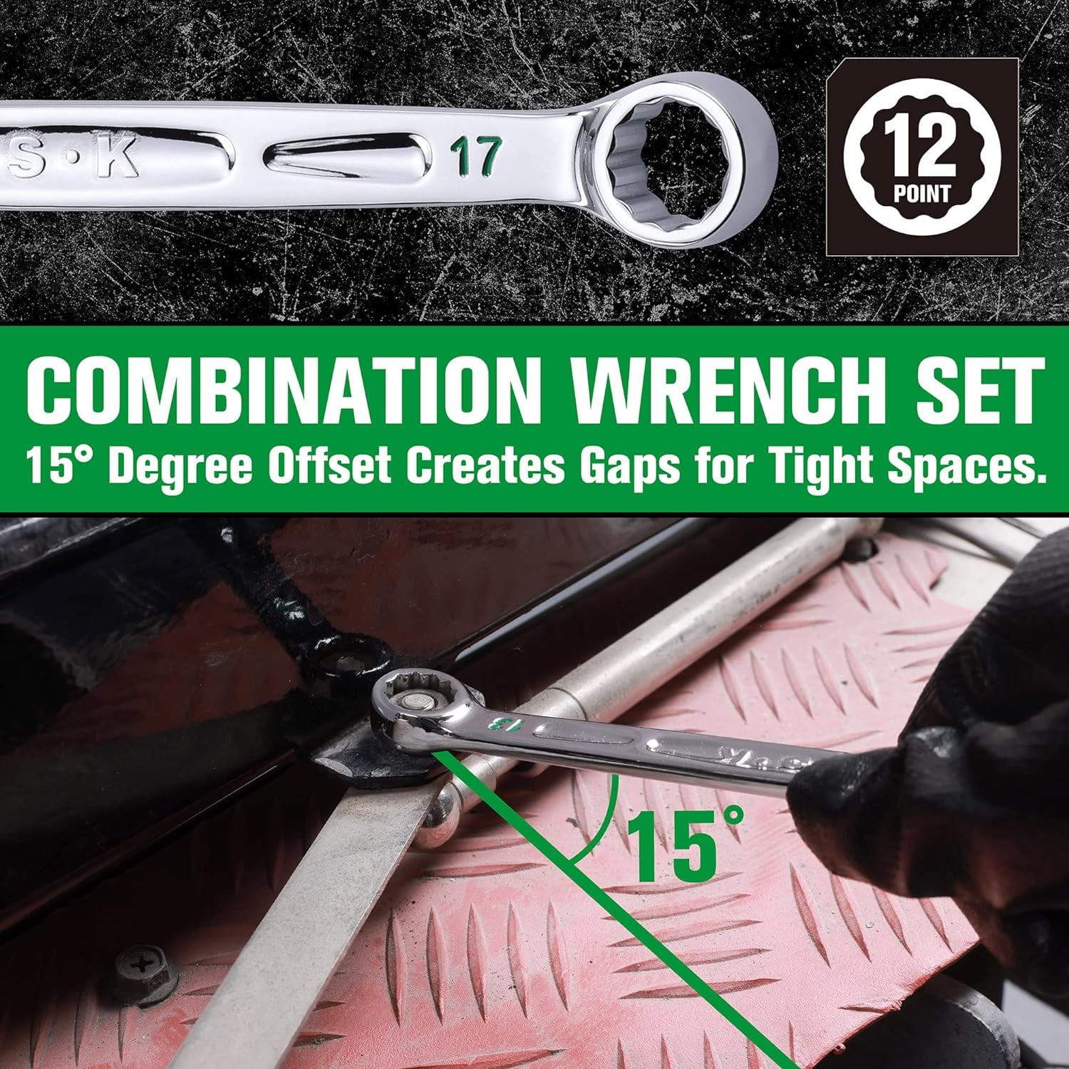 SK Combination Wrench Set, Metric 8 to 19mm, 12-Piece, SuperKrome Finish, Preminum CR-V Construction, with Rolling Pouch