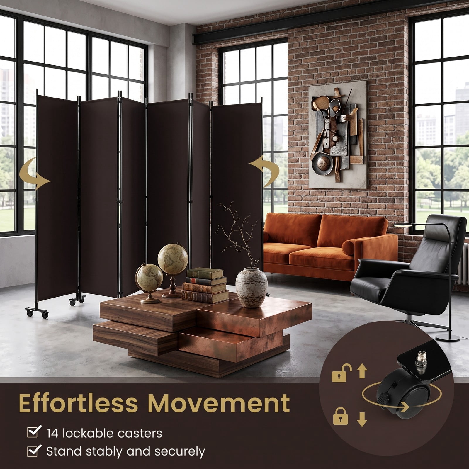 ALPULON 6 Panel Rolling Room Divider on Wheels, 5.7 Feet Tall Freestanding Folding Privacy Screen, Woven Fabric Partition for Home Office Bedroom Dormitory, Walnut