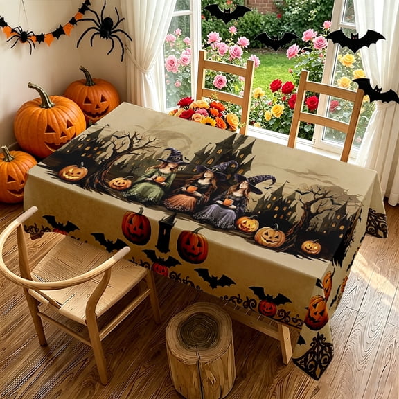 Vintage Halloween Three Witches Pumpkins Bats Haunted Castle Tablecloth, Rectangular Table Cover for Kitchen Dining Outdoor Patio Party Decor,Gift for Thanksgiving Christmas Decor Enthusiasts