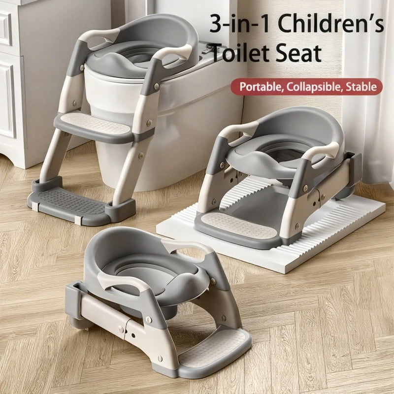 3-in-1 Foldable Potty Training Seat, Adjustable Plastic Step Stool with Safety Harness, Portable Kids Toilet Trainer, Multi-Color Design for Home Toddler Potty Training