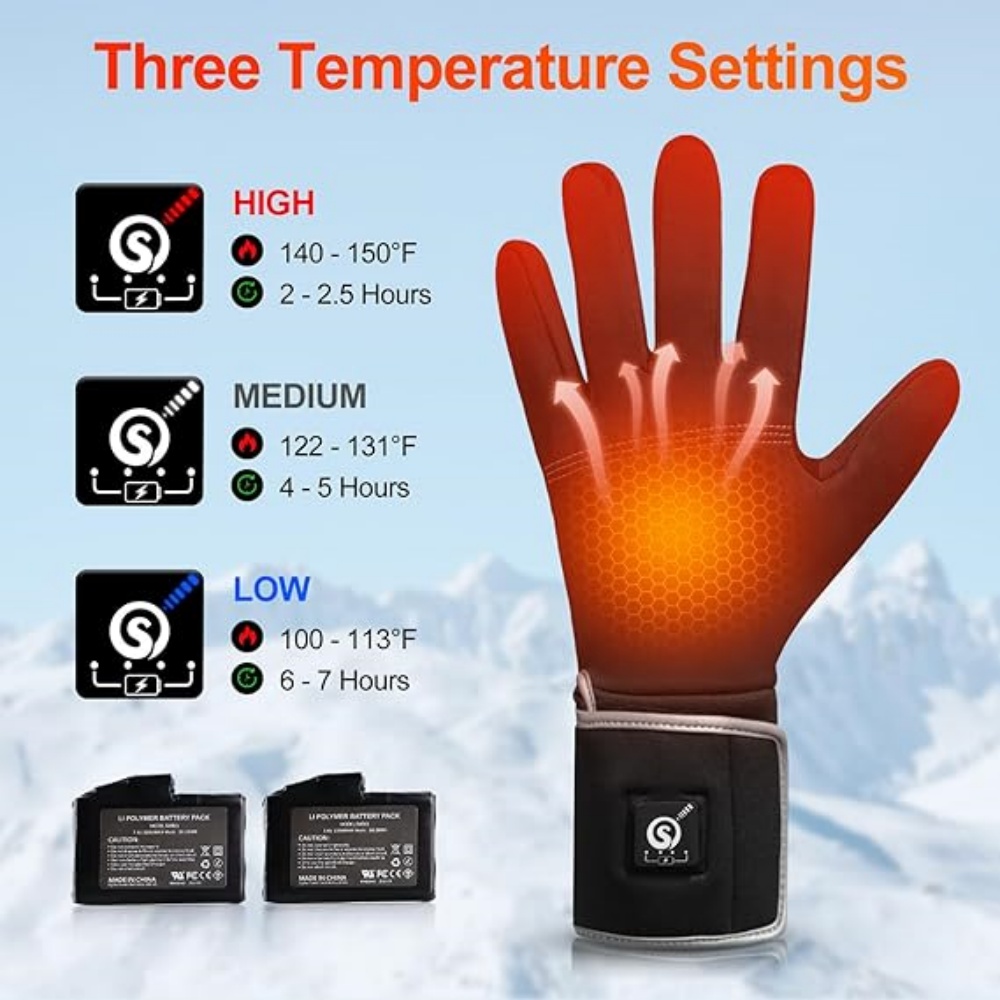Sun Will Thin Heated Gloves Black Ski Mittens for Men and Women Rechargeable Electric Battery XS-2XL
