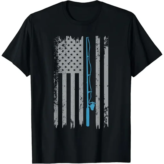 Distressed American Flag Fishing Rod Graphic Tee Shirt for Men Fisherman