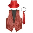 thumbnail image 3 of TiaoBug Men Women Sparkling Sequin Sleeveless Waistcoat Vest+Hat+Necktie for Disco Theme Party Red XL, 3 of 7