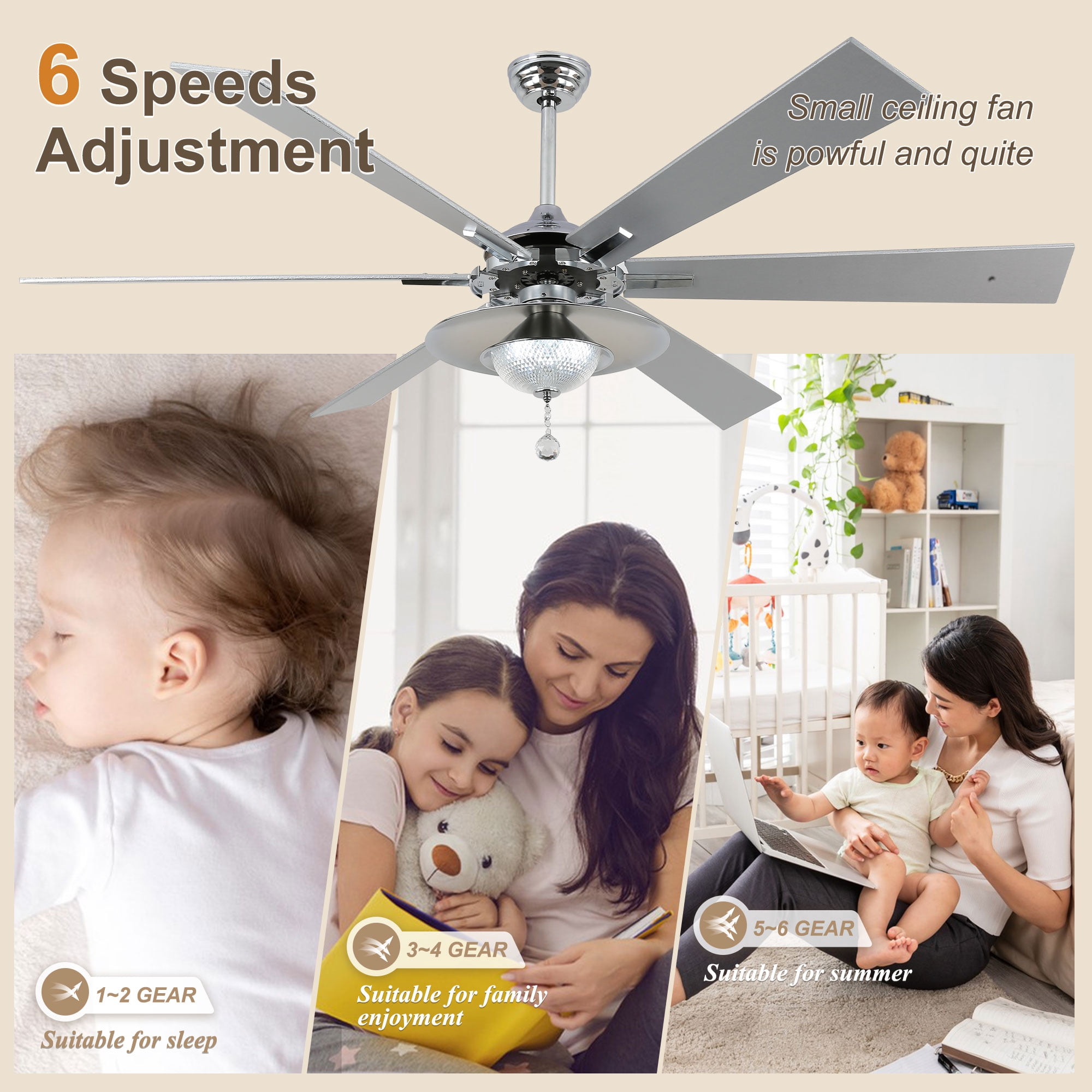 Bella Depot 72" Modern LED Ceiling Fan 6-Speed Reversible Chandelier With Dimmable Light and Remote Control